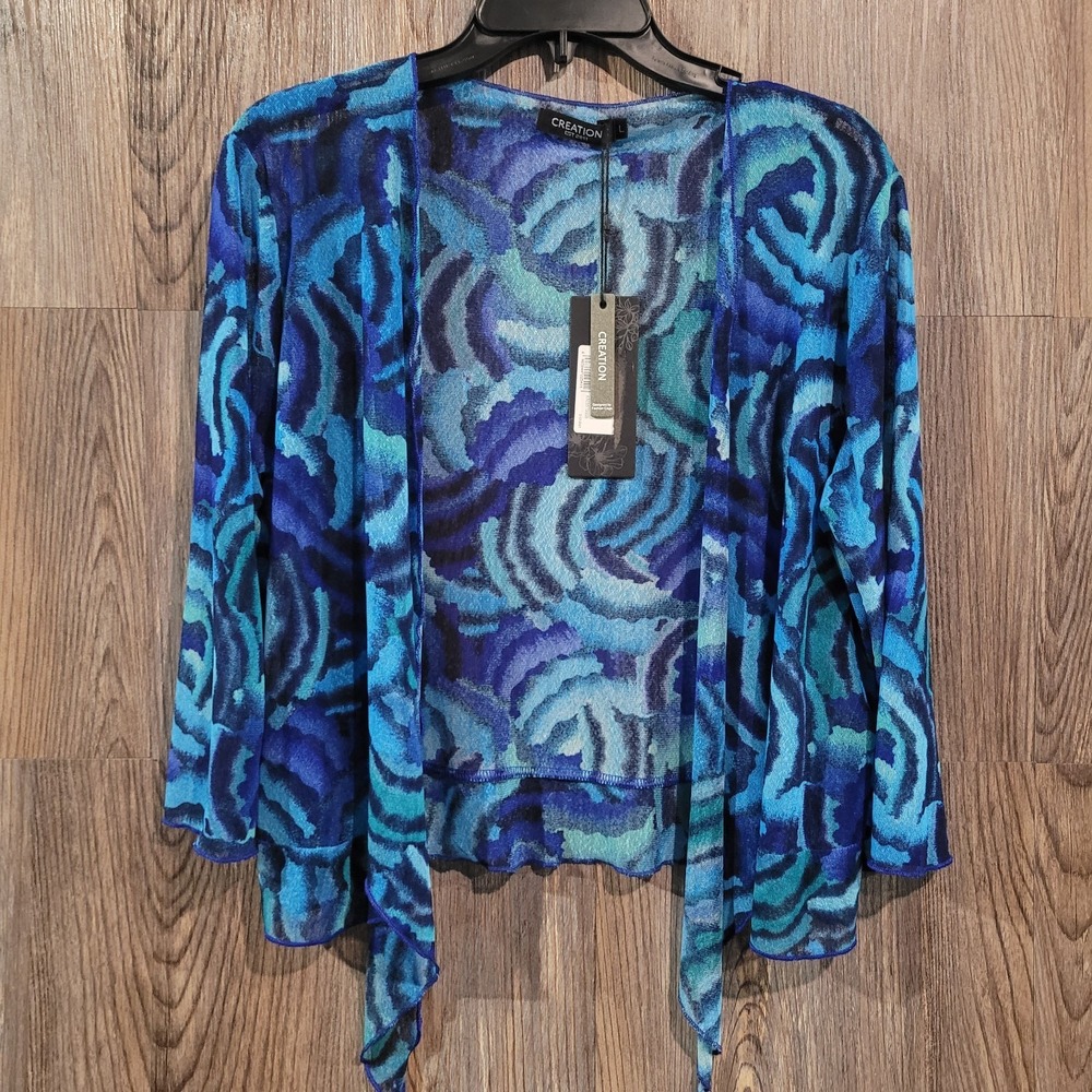 Creation Printed Mesh Waterfall Bolero Size L Blue Abstract Art to Wear Topper